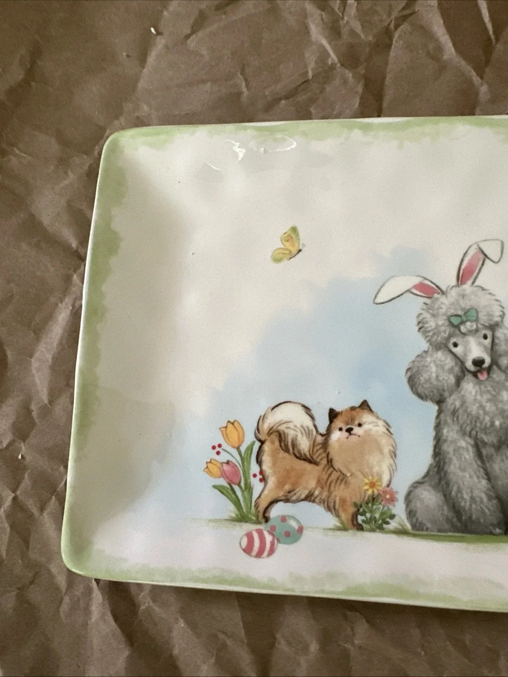 Pier 1 White Ceramic Pet Tray with Easter Puppy Illustration